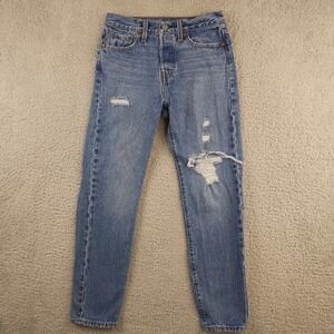 Levis Wedgie Jeans Women 26 Blue Premium Denim Big E Button Fly Distressed Denim